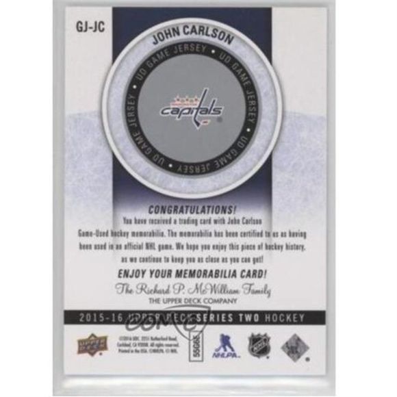 2015-16 JOHN CARLSON UD GAME JERSEY CARD - Picture 2 of 2